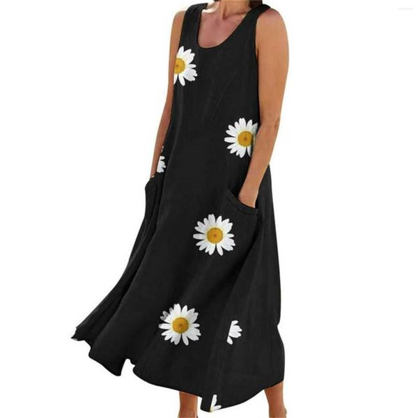 Vestidos casuais para mulheres moda algodão liso sem mangas com bolso regata solta maxi