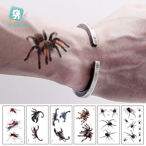 Rocooart 3D Spider Tatoo Scorpion Adesivi tatuaggio temporaneo per Halloween Tatuaggio finto Body Art Tatuajes Joke Tatouage Temporaire