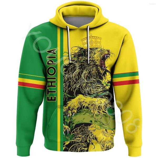 Felpe con cappuccio da uomo Abbigliamento africano Felpa con cappuccio etiope Stile stagionale - Corona di leone Maglione casual giallo verde Giacca vintage Harajuku