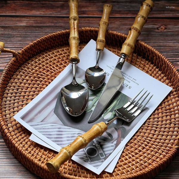 Conjuntos de talheres Conjunto de talheres de bambu 304 Aço inoxidável Nature Handle Retrô Talheres Talheres Bife Facas Garfo de mesa Sobremesa Colher Presente