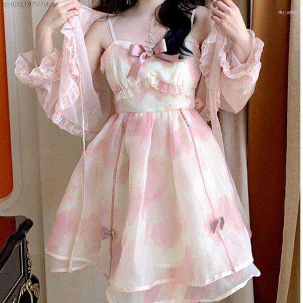 Vestidos casuais francês doce vestido de fada rosa para mulheres na moda chique e elegante conjunto de 2 peças lolita verão menina presente de aniversário