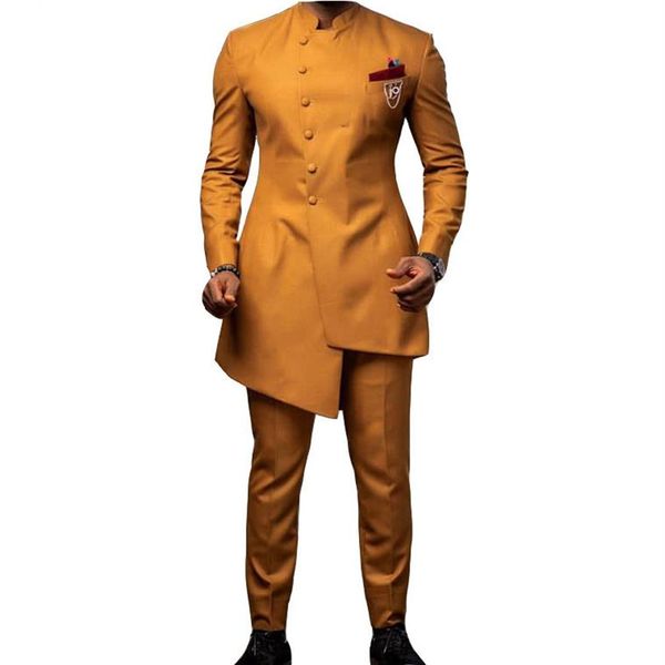 Colletto alla coreana oro Abiti da uomo Serge Wedding Abiti da sposo terno masculino Abiti da ballo Slim Fit Due pezzi Giacca Pantalone Alta qualità339Y