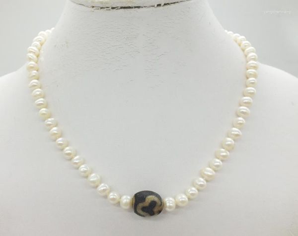 Halsband 2023-4-18-1259# 6–7 mm natürliche weiße Perlenkette, tibetisches Dzi-Perlenamulett, 45,7 cm