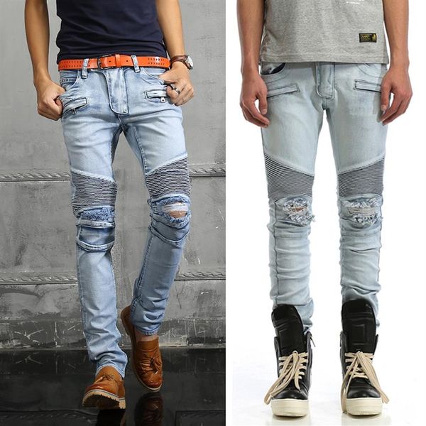 Jeans da uomo in denim da motociclista con taglio slim 40 taglia grande, lavato elastico strappato241S