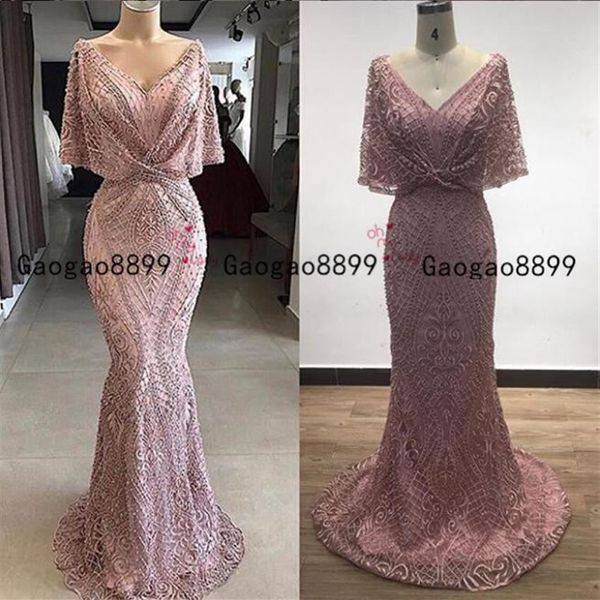 2020 árabe modesto vestido de noite de sereiasexy decote em v vestidos de baile de renda meia manga comprida vestidos de baile formais baratos vestidos de222W