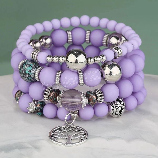 Boho Lila Perlen-Armband-Set für Frauen, silberfarben, Friedensbaum-Anhänger, mehrschichtige Charms, Armband, Armreif, Schmuck