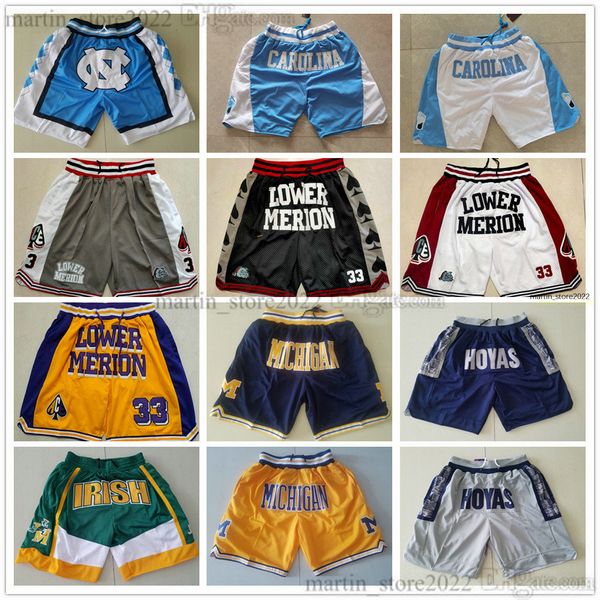 Just Don Pantaloncini da basket Pantaloni NCAA College Georgetown Hoyas North Carolina High School Irish Michigan Wolverines Lower Merion con tasche con cerniera Uomo