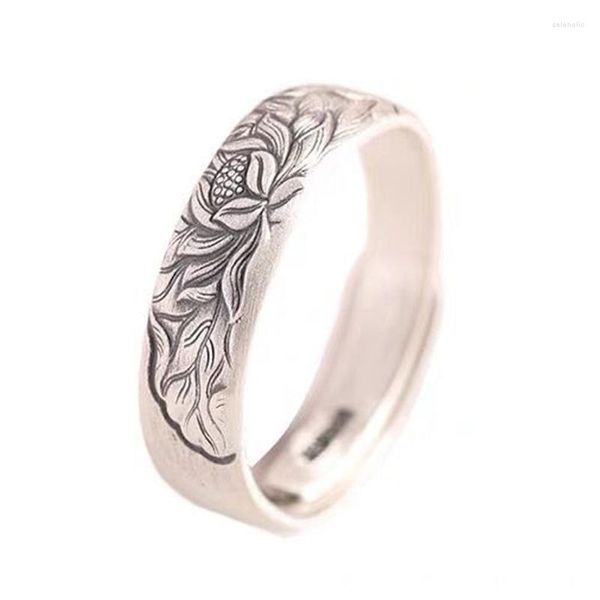 Кластерные кольца китайская шикарная матовая винтаж 999 Чистое серебряное серебряное резное цветочная полоса лотосная кольцо для мужчин и женщин регулируют США# 7-10