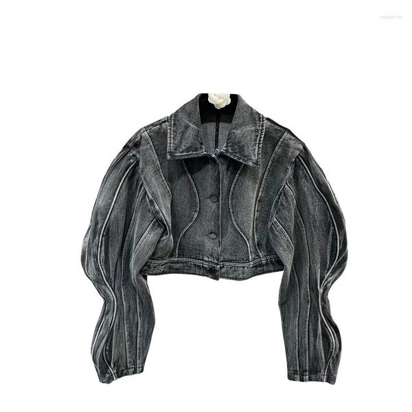 Giacche da donna Giacca stile corto in denim da donna vintage taglia S-XL colore nero colletto rovesciato