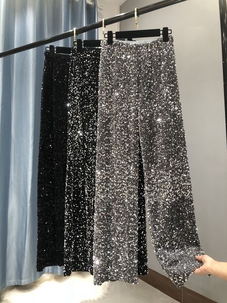 Damen-Hosen, Caprihosen, trendige, glitzernde Gold-Hosen für Damen, Entspannung der hohen Taille, weitbeinige Hosen im südkoreanischen Damenstil 230721