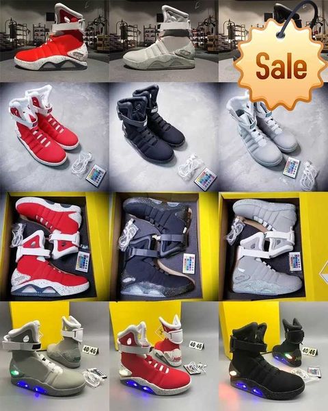 2023 Air Mag Sneakers Marty Mcflys Air Mags Automatische Schnürsenkel Freizeitschuh Led Schuhe Mann Zurück in die Zukunft Glow In The Dark Graue Stiefel Mcflys Sneaker mit Box US7-13