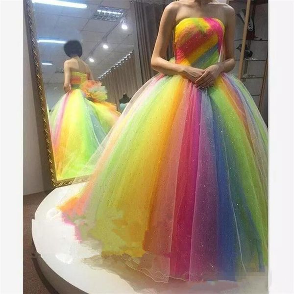 Vestidos de Baile Arco-íris Coloridos Frisados Decote Sem Alças Tule Vestidos de Noite Longos Baratos Festa Formal Vestidos De Dama De Honra Concurso 285h