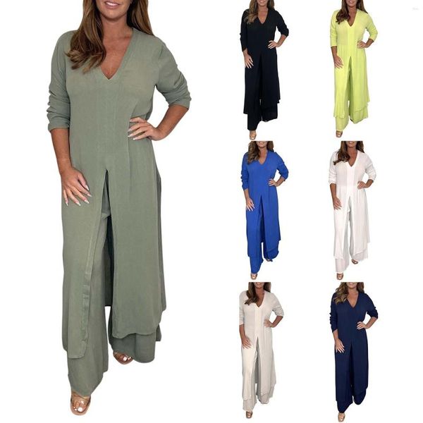 Abiti casual Camicie con spacchi a maniche lunghe primaverili Camicie Pantalone da donna Set di pantaloni larghi larghi in chiffon di moda Pantaloni da donna a due pezzi