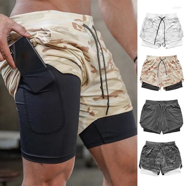 Shorts de corrida 2 em 1 masculino camuflado academia esportes secagem rápida treino treinamento fitness jogging calças curtas verão masculino