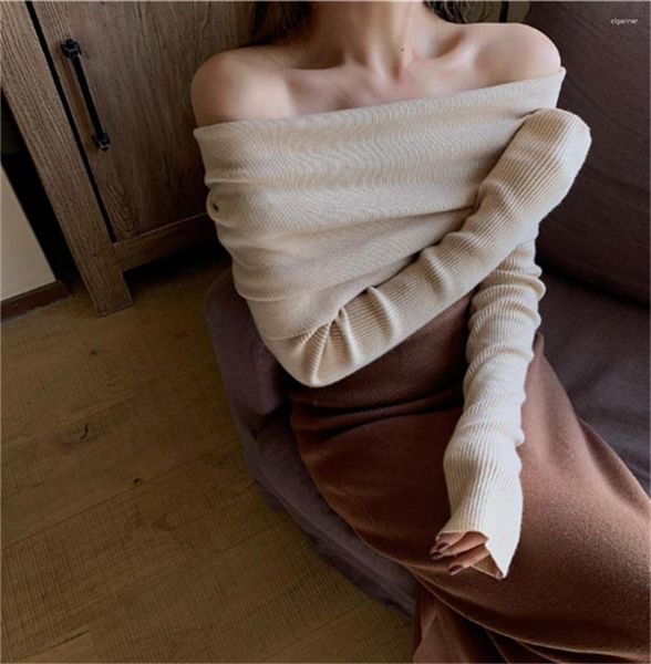 Kadın Sweaters 2023 İlkbahar ve Sonbahar İnce Dış Aşınma Tek Omuzlu Kazak Stili Örgü Top H932