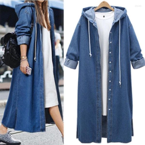 Damen-Trenchcoats, europäischer und amerikanischer Damen-Jeansmantel, lockeres, bequemes, verlängertes Design, dunkelblaues, lässiges langes Hemd mit Kapuze