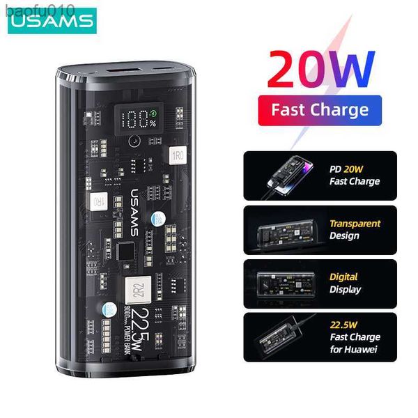 USAMS Şeffaf Dijital Ekran Güç Bankası 9000mAh 20W PD Hızlı Şarj Powerbank İPhone 14 Pro Max Huawei Xiaomi Samsung L230619