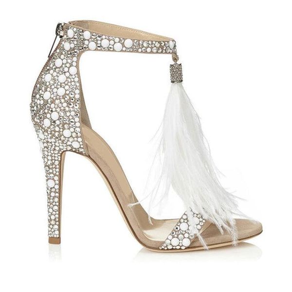 Sapatos de casamento de penas da moda 2021 salto alto de 4 polegadas com cristais de strass sapatos de noiva com zíper sandálias de festa sapatos para mulheres tamanho 232k