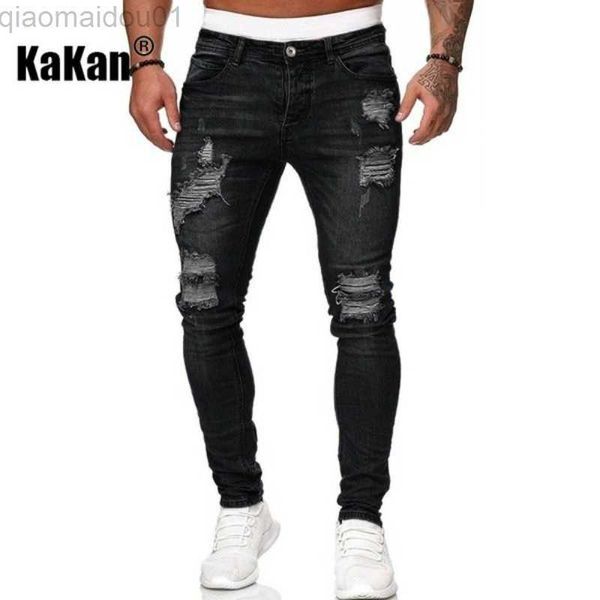 Jeans Masculino Kakan - Jeans Masculino de Alta Qualidade Stretch Justo Desgastado Branco Slim Jeans Primavera e Outono Novos Jeans Longos K14-881 L230724