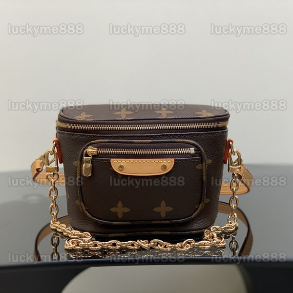 10A Mirror Quality Designers Mini BumBag 17cm Womens Brown Canvas Chain Purse Chest Marsupio Luxurys Real Leather Cowhide Trim Borse Tracolla Box Bag