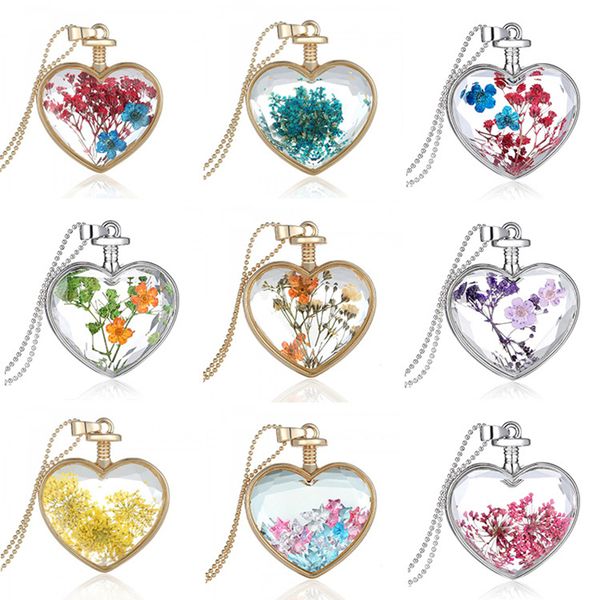 Kristallglas-Anhänger-Herz-Halskette, kreative Trockenblumen-Halskette, Damenmode-Accessoires