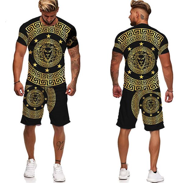 Fatos de Treino Masculino Oversized Europa América Terno Moda Roupas Esportivas Tshirt Design Cabeça de Leão Impressão 3D Verão Praia Conjunto de 2 Peças Roupas Masculinas 230724