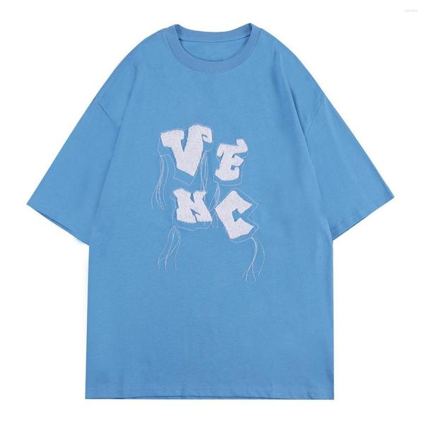 Camisetas Masculinas Harajuku Flocking Embroidery Letter Graphic LACIBLE Tee Casual Solta Manga Curta Tops Camisas de Verão Homens Mulheres Streetwear