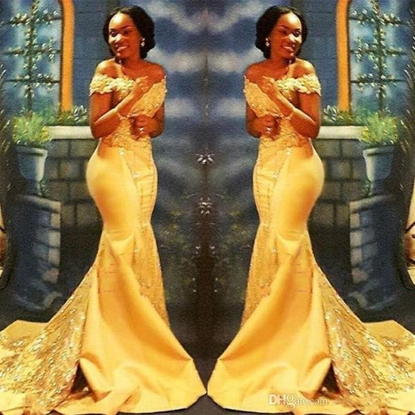 Vestidos de formatura sereia amarelo nigeriano africano longos 2019 ombros caídos renda cetim cetim vestidos de baile BA8405252x