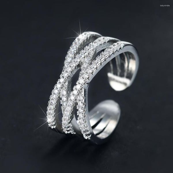 Anéis de casamento coreano onda cruzada abertura para mulheres prata rosa ouro cor incrustado bandas de zircônio branco anel de dedo indicador jóias cz