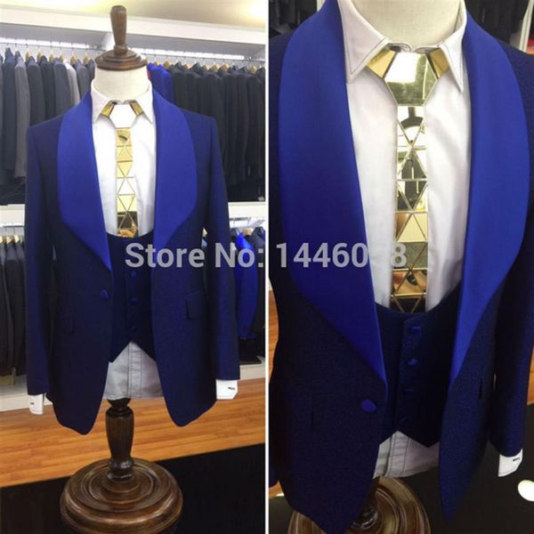 Yakışıklı sağdıç kraliyet mavi damat smokinler erkek gelinlik adam ceket blazer balo balo 3 adet supayje pantolon kravat yelek A247Q