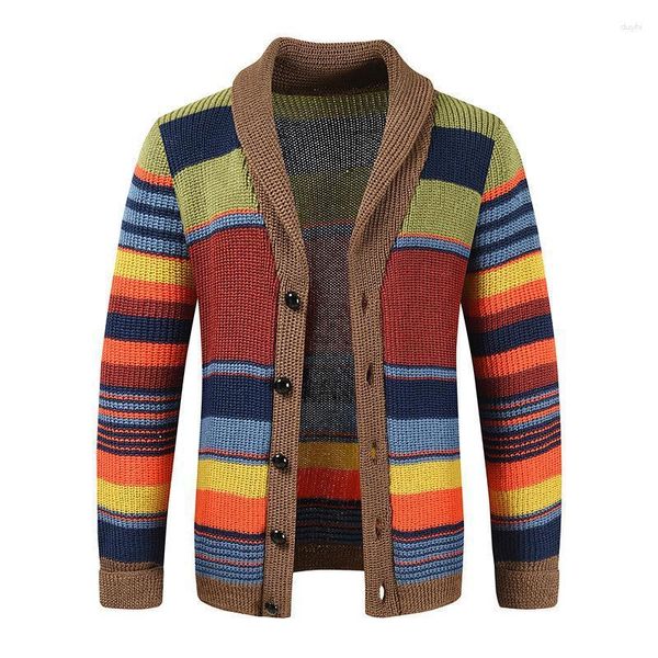 Мужские свитера 2023 Мужские цветные блок вязаной кардиган. Мода повседневная лацка