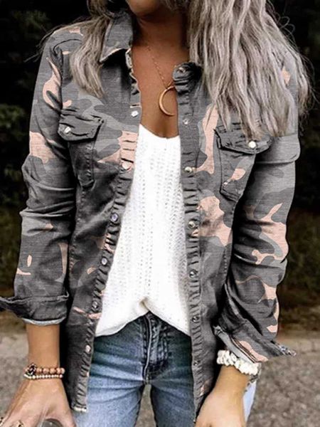 Jaquetas Femininas Jaqueta Feminina 2022 Camuflagem Casual Seio Simples Lapela Manga Comprida Bolso Túnica Camisa Jaqueta Denim Jaqueta Adolescente Moda Vintage T230724