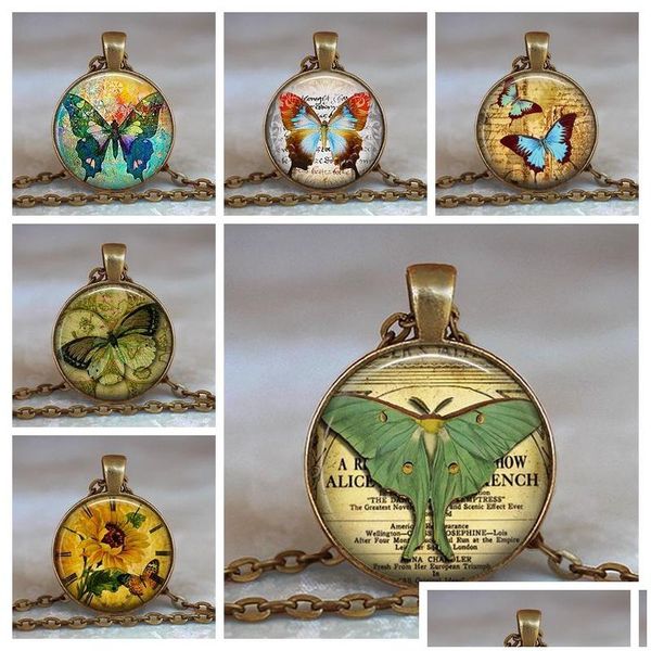 Подвесные ожерелья Beautif Butterfly Pattern Glass Po Cabochon Collece Seampunk Watch Dome Dome Domade Jewelry Sweater Drop Delive DHFAV