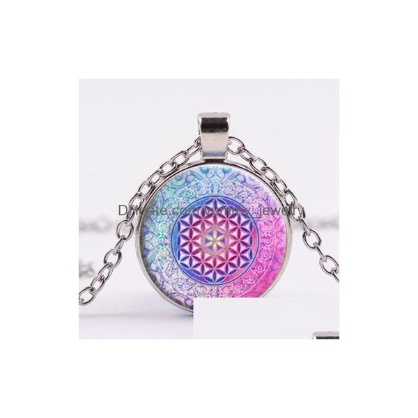 Collane con ciondolo Nuovo fiore della vita Collana Om Yoga Chakra Mandala Geometria sacra Pendenti Cabochon in vetro Catena Gioielli donna Drop Dhohx