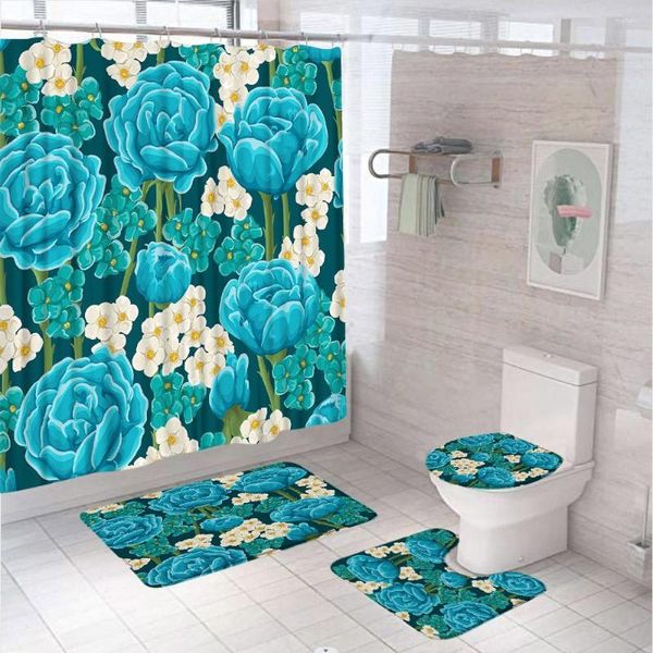 Duschvorhänge, blaugrünes Blumen-Vorhang-Set, Aquarell-Blumen-Mädchen-Badezimmer-Bildschirm, rutschfeste Badematte, Teppich, WC-Sitzbezug