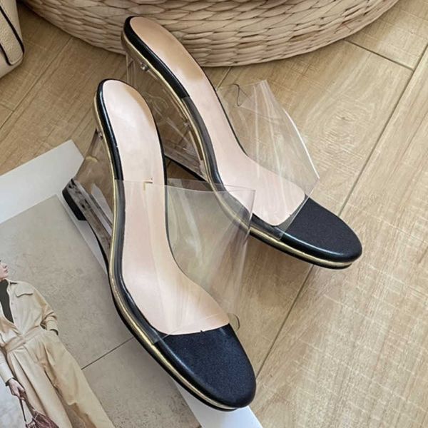 Canale Chanelity transPrarent Chanei Clear Shoe Classic Slifors Vintage Topquality Women Paris Silver Gold Gold Metallico Sandalo a cuneo Mule Crystal Heels