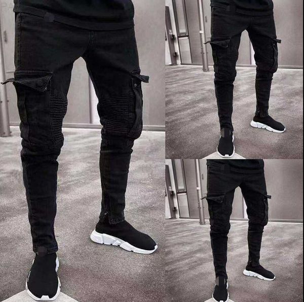 Moda Masculina 2019 Jeans Preto Masculino Denim Skinny Biker Jeans Destroyed Desfiado Slim Fit Bolso Cargo Pencil Pants Plus Size S-3XL L230724