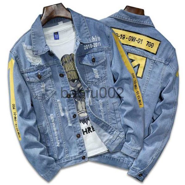 Giacche da uomo Giacca di jeans di alta qualità Uomo con fori strappati Giacche di jeans blu Lt da uomo Nuovo 2019 Cappotto di jeans da uomo lavato con indumento autunno / inverno J230724