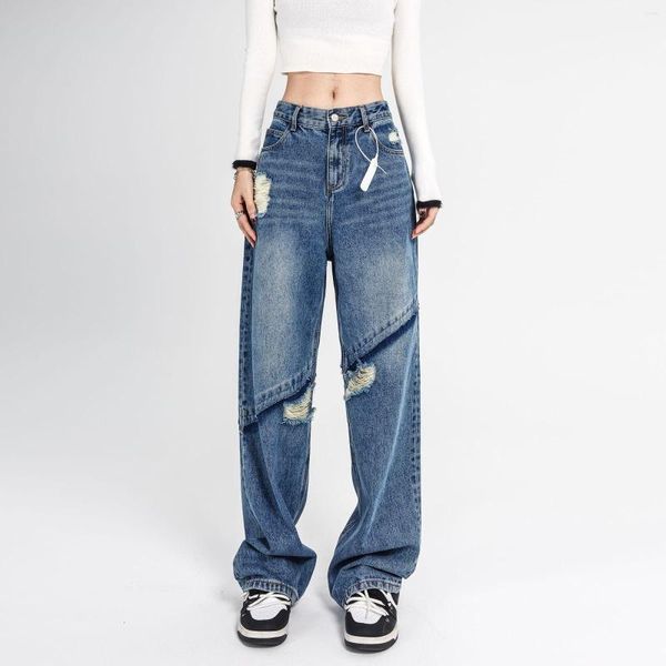 Jeans feminino SuperAen 2023 primavera verão oversized lavagem azul quebrada reta cintura alta calças largas