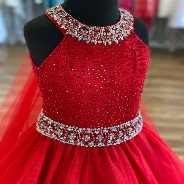 Crystals Girl Pageant Dress 2023 Ballgown AB Stone Red Organza vestido de festa formal de aniversário para criança adolescente pré-adolescente Tule C263v