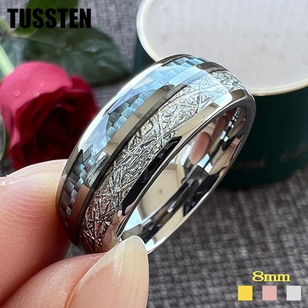 Eheringe Tropfen TUSSTEN Männer Frauen Gewölbtes Band Wolfram Schmuck Ring Blaue Kohlefaser Helle Meteorit Inlay Comfort Fit