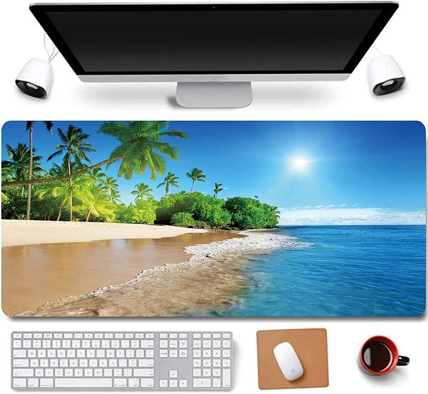 31,5 x 11,8 Zoll großes Gaming-Mauspad mit tropischer Palme, Meer und Strandblick, langes, großes Gaming-Mauspad mit genähten Kanten, XL-Mauspad für Laptops