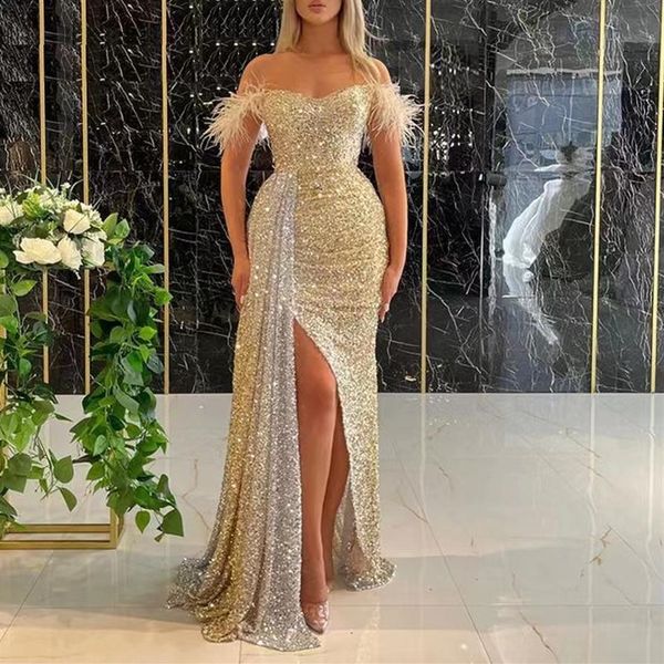 2023 Gold Meerjungfrau Abendkleider tragen Kaftan Dubai Kristall Pailletten Perlen hoch geteilt lange formelle Partykleider bescheidene Robe de Soir197O