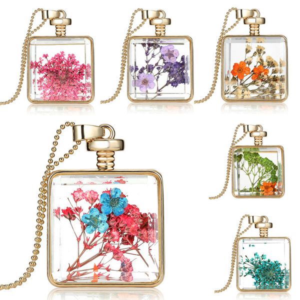 Colar criativo de flores secas com pingente de cristal em forma de quadrado acessórios de moda feminina