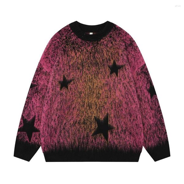 Erkek Sweaters Stars Jacquard Patch Crew Boynlu Sweater Unisex Street Giyim Vintage Ropa Hombre Baggy Sueter Büyük Boy Y2K Sonbahar