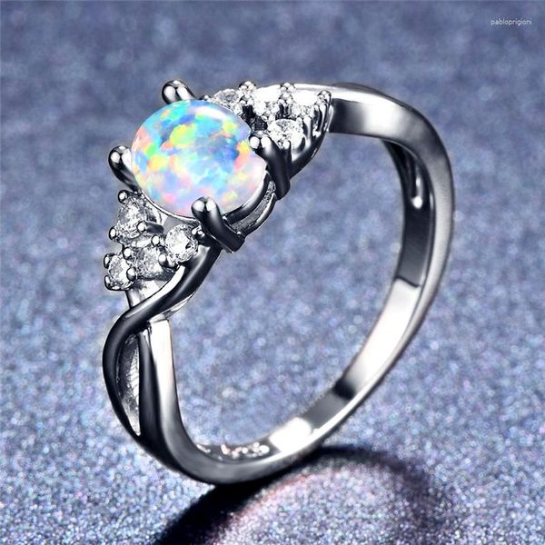 Anéis de casamento feminino 14KT ouro branco preenchido oval anel de dedo azul/roxo opala de fogo cor prata noivado para mulheres