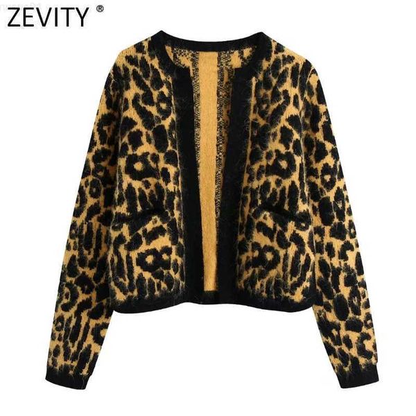 Giacche da donna Zevity Women Vintage Leopard Pattern Cuciture aperte Cardigan in maglia Maglione Donna Chic Tasche Patch Cappotto corto Top SW1037 L230724