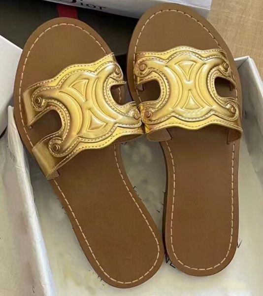 Luxus-Design SOMMER Damen Sandalen Triomphe Mule Sliders flache Slide-Sandale aus Kalbsleder Pantoletten Flip-Flops Sandale Schwarz Braun Creme Gold Leder Slipper Sandalen