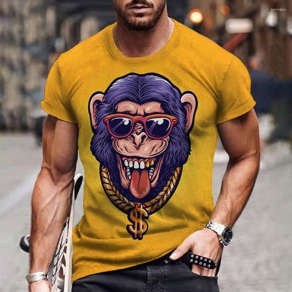 Camisetas masculinas Street Cool Hip-Hop Monkey Pattern T-Shirt Summer respirável 3d Print Top Oversized Animal Manga Curta Holiday Man Tee