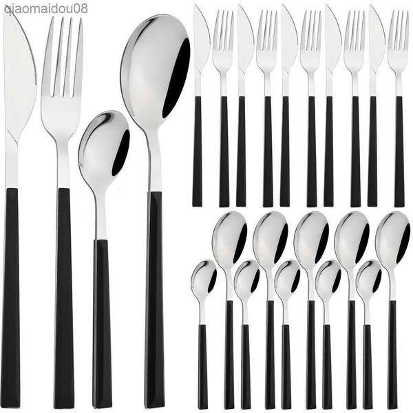 Schwarz Silber Geschirr Set Nachahmung Holzgriff Besteck Set Edelstahl Besteck Messer Dessert Gabel Löffel Geschirr Set L230704